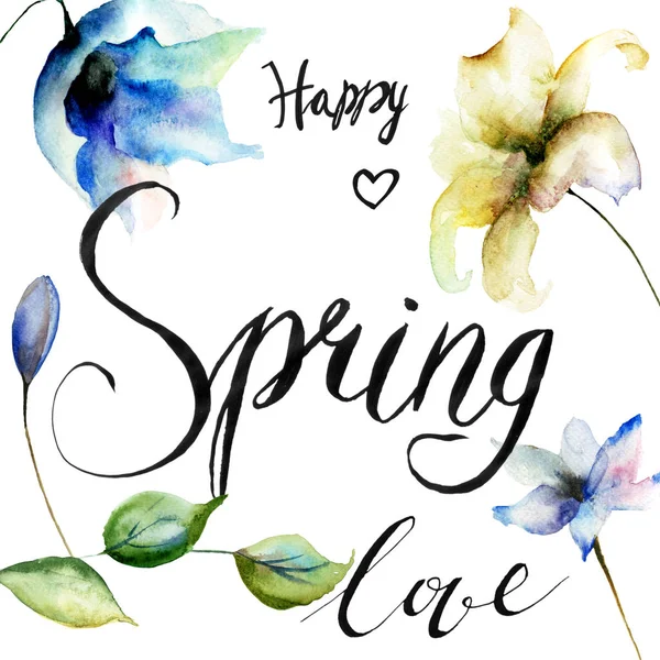 Flores de lirio estilizadas con título Primavera — Foto de Stock
