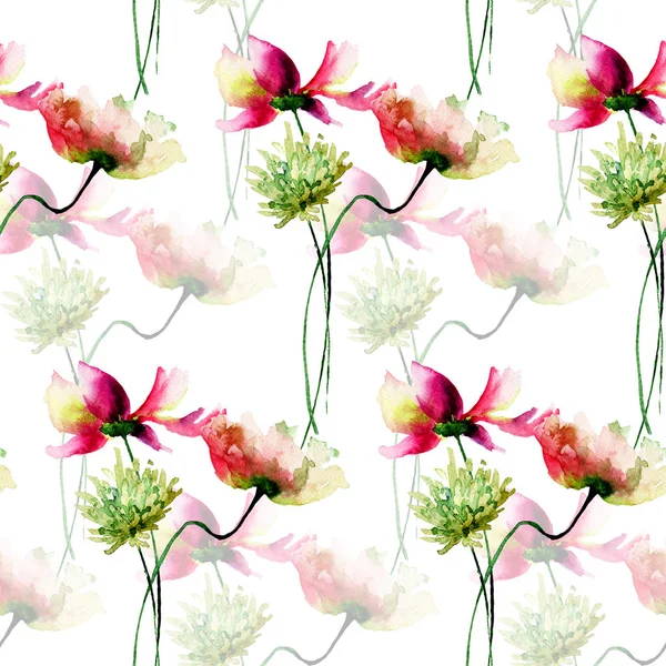Naadloze behang met decoratieve wilde bloemen — Stockfoto
