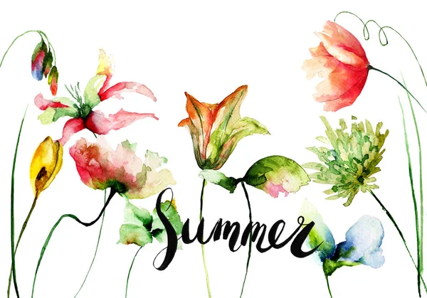 Original floral background with flowers and title summer — Stock Photo, Image