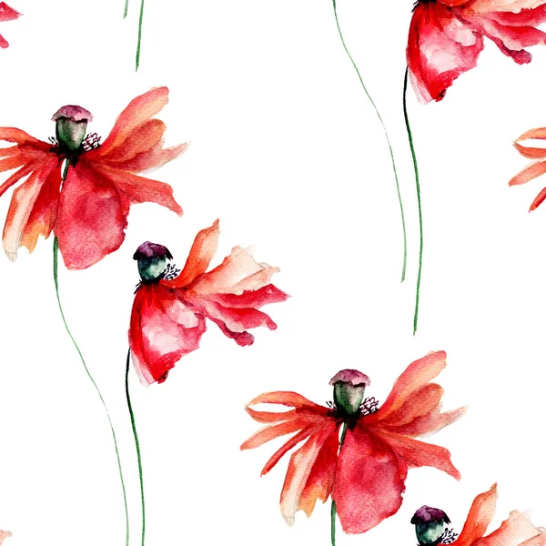Seamless pattern with Red Poppies flowers with petal fall off — Stock Photo, Image