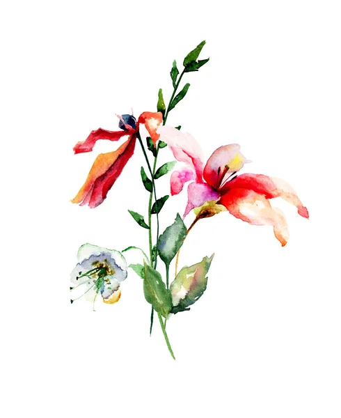 Cartão com Lily, flores Poppy e folhas verdes — Fotografia de Stock