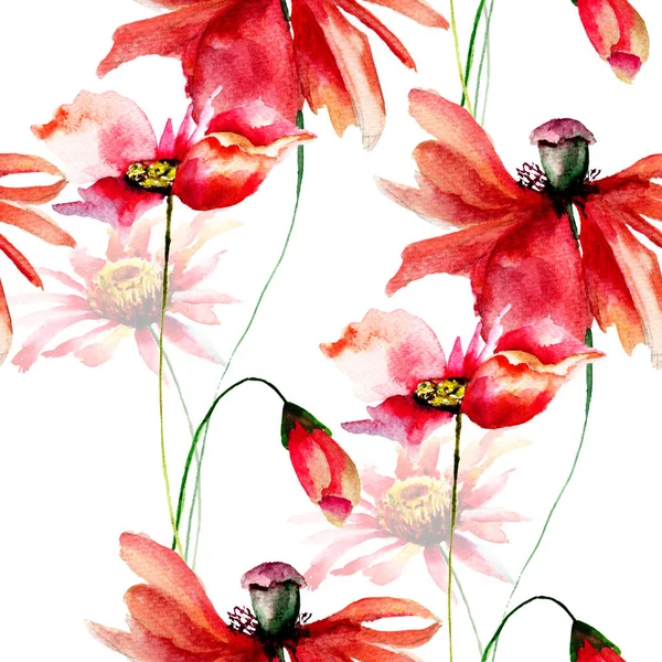 Seamless wallpaper with Poppies and Gerbera flowers — Stock Photo, Image
