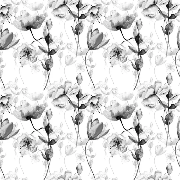 Monochrome seamless pattern with garden flowers — Stock Photo, Image