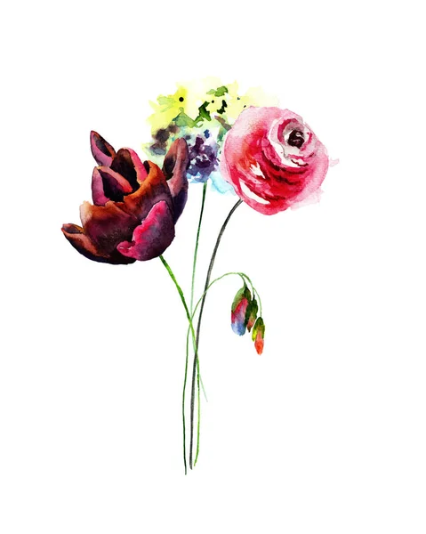 Hortensia, Tulip en Rose bloemen — Stockfoto