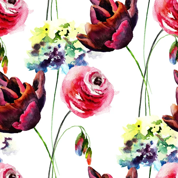Papel de parede sem costura com flores de hortênsia, tulipa e rosa — Fotografia de Stock