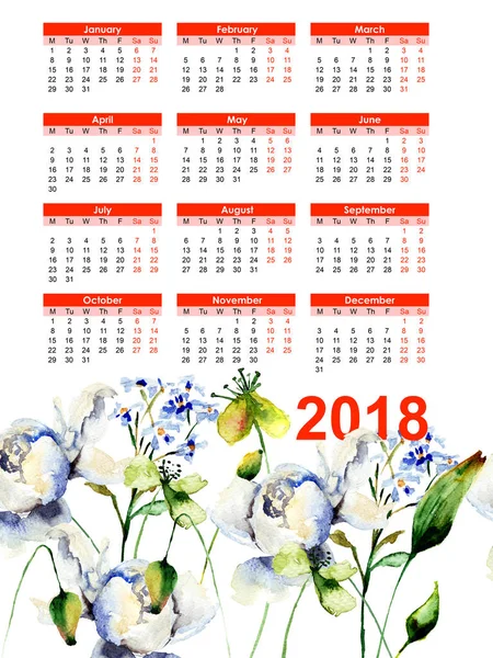 Template for calendar 2018 with decorative wild flowers — Stock Photo, Image