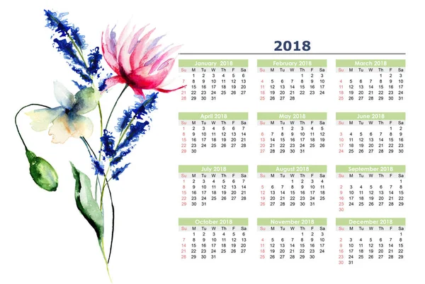 Calendar 2018 stylized flowers — Stock Photo, Image