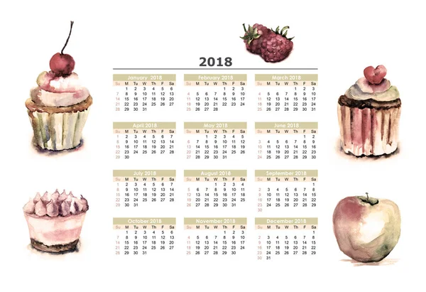 Ilustração aquarela de bolo com calendário para 2018 — Fotografia de Stock