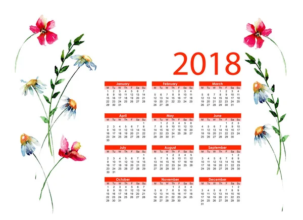 Decorative calendar for 2018 with wild flowers — Stock Photo, Image