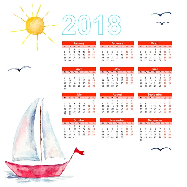 用船在海中的日历 2018 年 — 图库照片