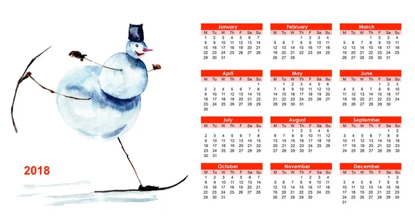 Calendário 2018 com o boneco de neve — Fotografia de Stock