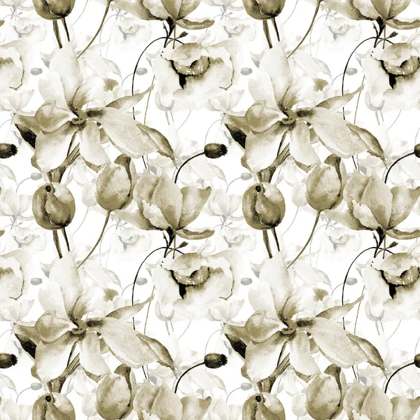 Seamless wallpaper with Lily and Tulips flowers