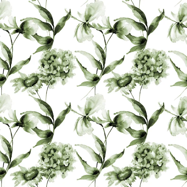Naadloze patroon met Hydrangea, Hibiscus en Cosmea bloemen — Stockfoto