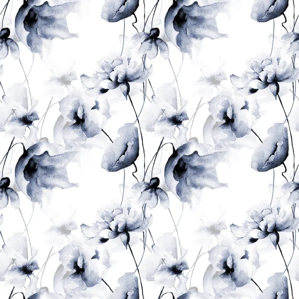 Seamless wallpaper with blue flowers, watercolor illustratio