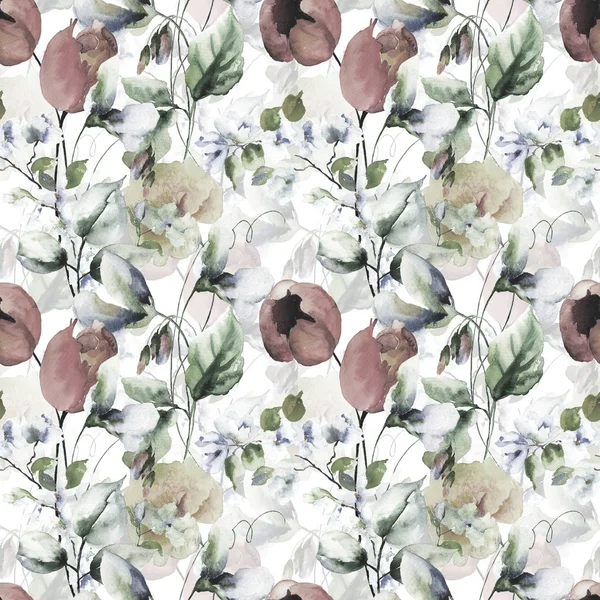 Seamless Pattern Original Flowers Watercolor Illustratio — Stock Photo, Image