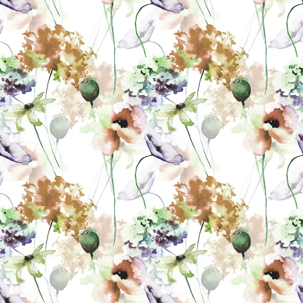 Naadloze Patroon Met Poppy Hydrangea Bloemen Aquarel Illustratio — Stockfoto