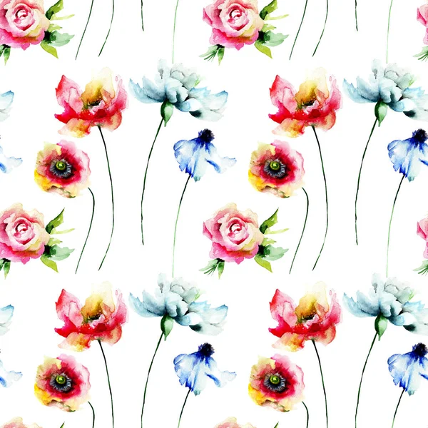 Seamless Pattern Wild Flowers Hand Drawn Floral Elements Design — Stock Photo, Image