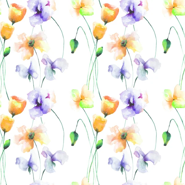 Seamless Pattern Beautiful Flowers Watercolor Paintin — Stock Photo, Image