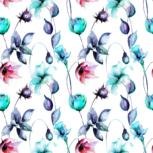 Nahtloses Muster Mit Tulpen Und Lilienblüten Aquarell Illustratio — Stockfoto