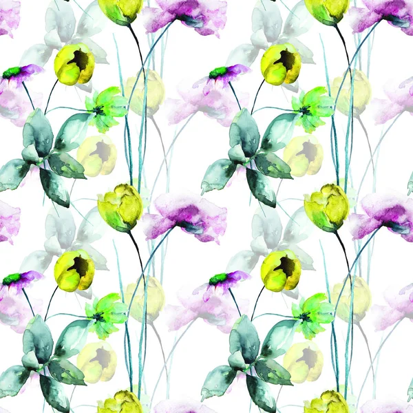 Nahtloses Muster Mit Stilisierten Wildblumen Aquarell Illustratio — Stockfoto