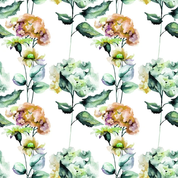Nahtloses Muster mit Gerber- und Hortensienblüten — Stockfoto
