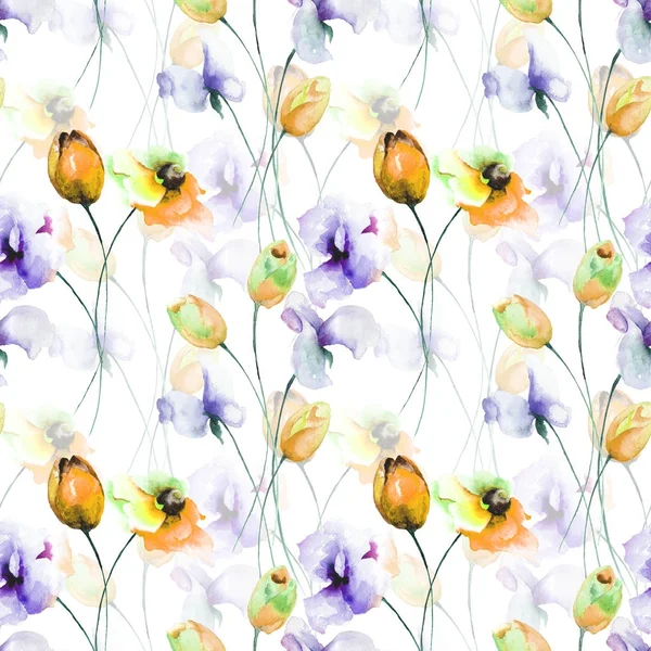 シームレス パターン チューリップ、ポピーの花と甘いエンドウ豆の花 — ストック写真