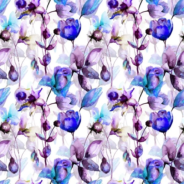 Nahtloses Muster Mit Rosen Tulpen Und Narzissenblüten Aquarell Illustratio — Stockfoto