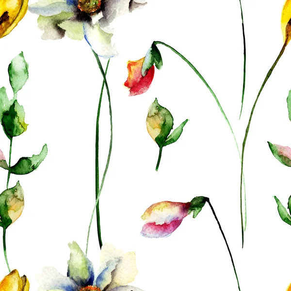 Modèle Sans Couture Avec Des Fleurs Sauvages Illustration Aquarelle — Photo