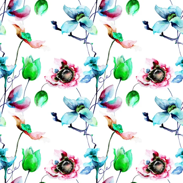 Nahtlose Tapete Mit Blumen Aquarell Illustratio — Stockfoto