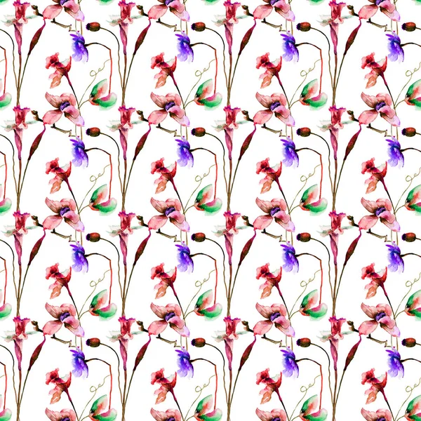Seamless pattern with Decorative summer flowers, watercolor illustratio