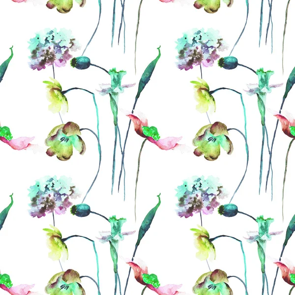 Padrão Sem Costura Com Flores Silvestres Estilizadas Ilustração Aquarela — Fotografia de Stock