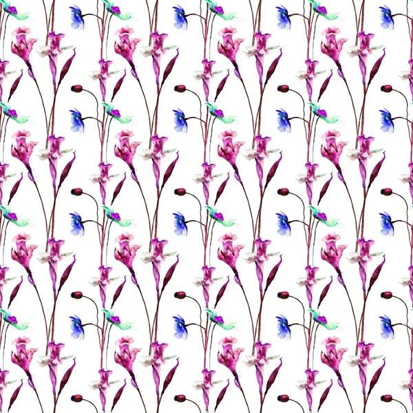 Stilize Kır Çiçekleri Sulu Boya Çizim Ile Dikişsiz Desen — Stok fotoğraf