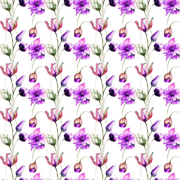 Wzór Kwiaty Piękne Maki Tulipany Akwarela Paintin — Zdjęcie stockowe