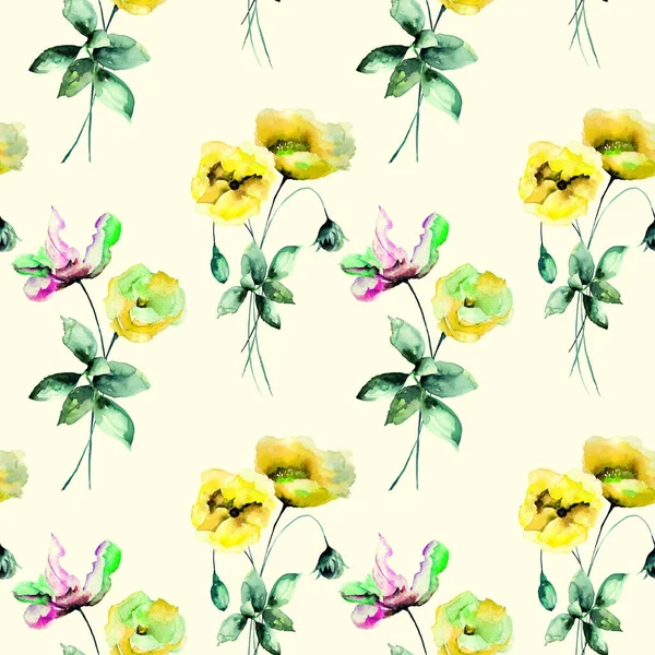 Seamless wallpaper with summer flowers, Watercolor paintin
