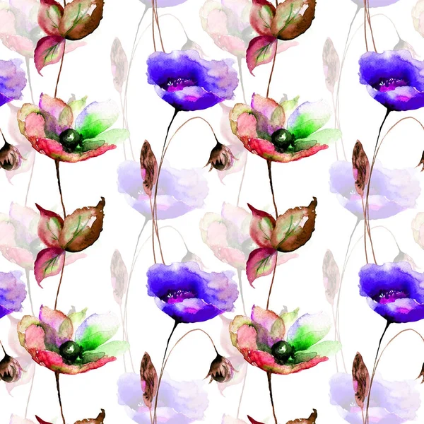 Modello Senza Cuciture Con Fiori Papavero Gerbero Illustratio Acquerello — Foto Stock