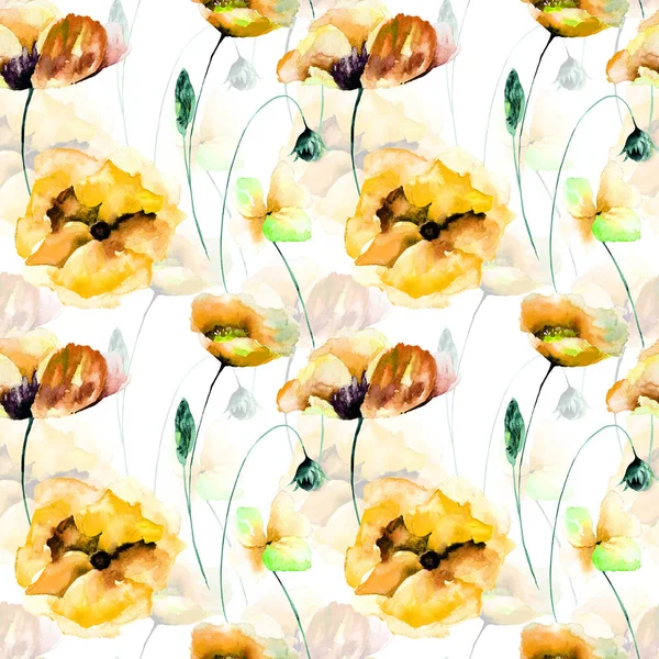 Seamless wallpaper with Poppies flowers, Watercolor paintin