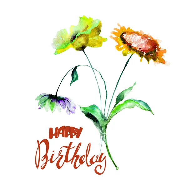 Fleurs sauvages colorées avec le titre Joyeux anniversaire — Photo