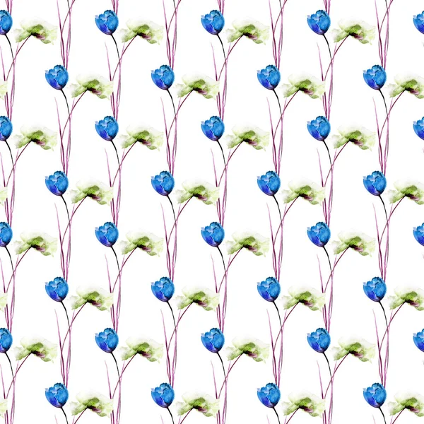 Χωρίς ραφή πρότυπο με μπλε παπαρούνες και τουλίπες λουλούδια — Φωτογραφία Αρχείου