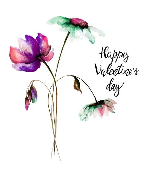 Färgglada vilda blommor med titeln Happy Valentine s day — Stockfoto