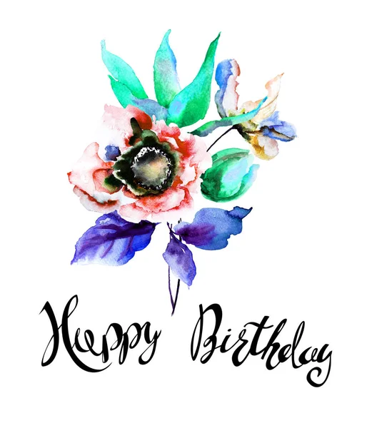 Στυλιζαρισμένη ανοιξιάτικα λουλούδια με τίτλο Happy Birthday — Φωτογραφία Αρχείου