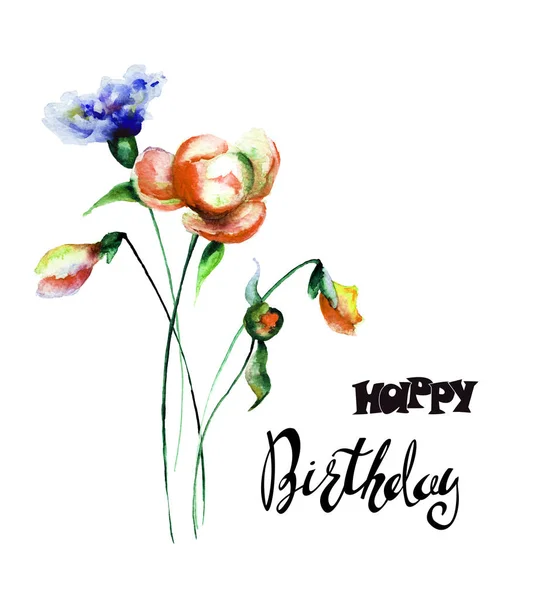 Kleurrijke wilde bloemen met titel Happy Birthday — Stockfoto