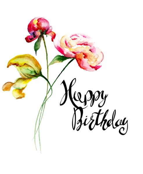 Bloemen van de pioenroos en tulpen met titel Happy Birthday — Stockfoto
