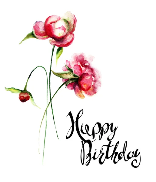 Mooie bloemen van de pioenroos met titel Happy Birthday — Stockfoto
