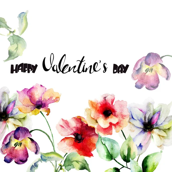 Tulpaner och vallmo blommor med titeln Happy Valentine s day — Stockfoto