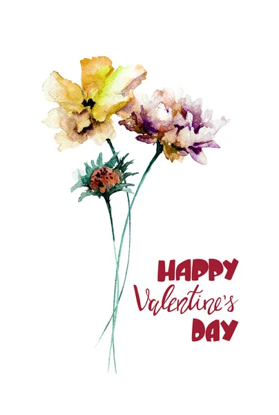 Coloridas flores silvestres con título Feliz día de San Valentín — Foto de Stock