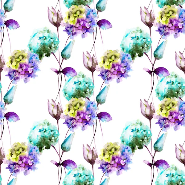 Seamless pattern with Hydrangea and Tulips flowers — Stock Photo, Image