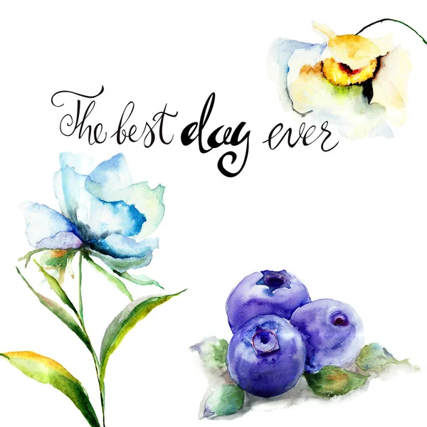 Sommerblumen und Blaubeeren mit Titel der beste Tag aller Zeiten lizenzfreie Stockfotos