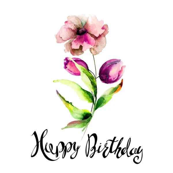 Στυλιζαρισμένα Λουλούδια Ακουαρέλα Εικονογράφηση Τίτλο Happy Birthday Πρότυπο Για Ευχετήρια — Φωτογραφία Αρχείου
