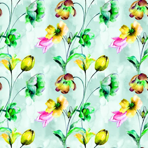 Papier Peint Sans Couture Avec Des Fleurs Tulipes Narcisses Illustration — Photo
