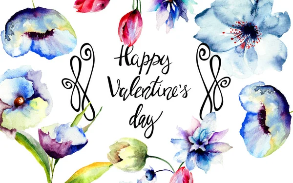 Başlık Happy Valentine's day ile mavi çiçekler — Stok fotoğraf